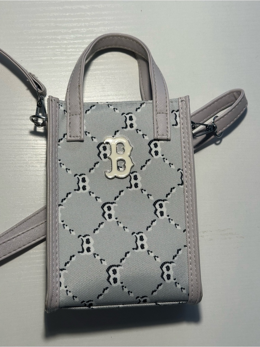 MLB Light Gray Monogram Crossbody with Silver 'B' Logo